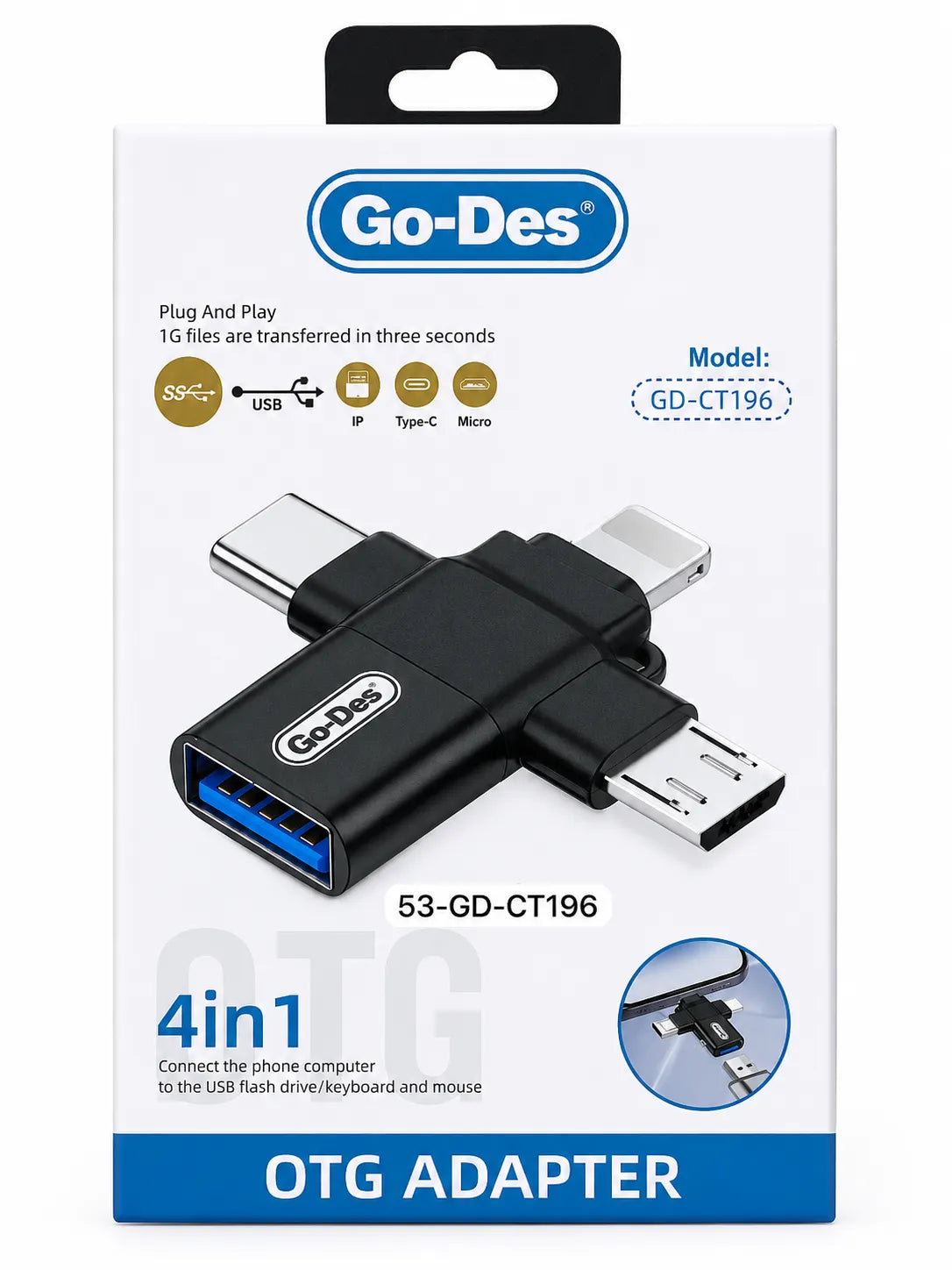 Go-Des GD-CT196 4-in-1 OTG USB Adapter for Smartphones, Tablets & Computers with High-Speed Data Transfer
