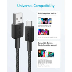 كابل أنكر USB-A إلى USB-C (1 متر، مضفر، عبوة من قطعتين) أسود