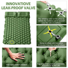 مرتبة هوائية مزدوجة قابلة للنفخ للتخييم في الهواء الطلق، مزودة بمضخة قدم مدمجة، وتصميم وسادة مزدوجة، وصمام مانع للتسرب - مصنوعة من نايلون TPU 40D، خفيفة الوزن للغاية وصغيرة الحجم - 200 × 120 × 5 سم