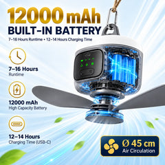 FS-6P 45 CM 9W Rechargeable Portable Hanging Ceiling Fan with 12000mAh Battery, RC, 3 Speeds, Night Light, 2/4/8H Timer, Detachable Blades & Type-C Charging
