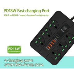 Universal 6 Socket Power Strip Extension Board 3000W with 2 PD18W Fast Charging Ports & 4 USB 5V3A, Overload Protection, Master Switch, Child Safety Shutter