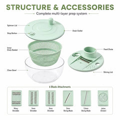 8-in-1 Manual Salad Spinner & Vegetable Slicer with 6 Interchangeable Stainless Steel Blades, 1.5MM/3MM Slicing, 3MM/5MM Julienne Shredding, Wavy Cutter, Juicer/Grater, Quick Stop Button, Drain Basket & Multi-Purpose Mixing Bowl