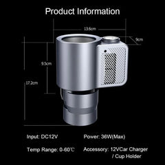 36W 12V Electric Car Heating & Cooling Cup Holder with 0–60°C Temperature Range, Digital LED Temperature Display, One-Touch Hot & Cold Switching, Thermoelectric Cooling Technology, Adjustable Telescopic Base & Car Cigarette Lighter Adapter