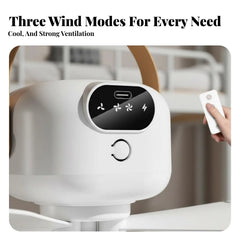 5W Rechargeable Portable Hanging Ceiling Fan with RC, Single Brushless Motor, 3 Blades, 3 Wind Speeds, USB Type-C Charging, Built-In Night Light & Hanging Hook