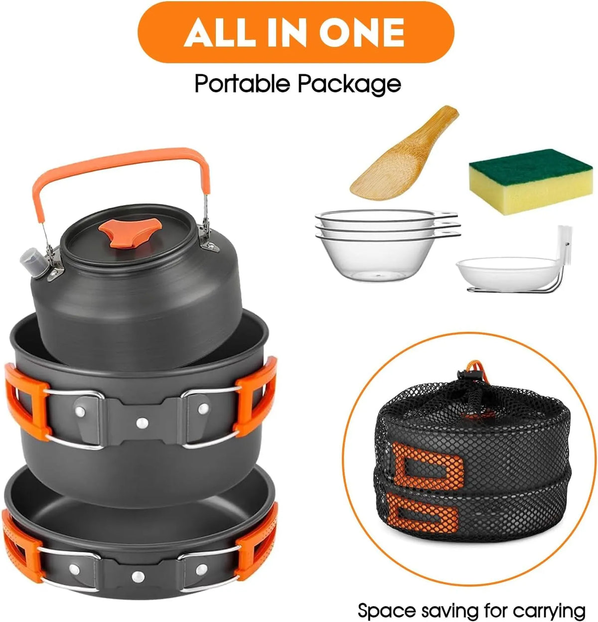 3 Piece Aluminum Camping Cookware Set with Cooking Pot, Frying Pan, Teapot, Mesh Storage Bag and Outdoor Cooking Accessories