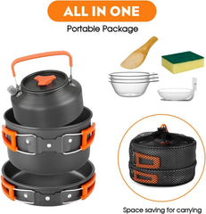 3 Piece Aluminum Camping Cookware Set with Cooking Pot, Frying Pan, Teapot, Mesh Storage Bag and Outdoor Cooking Accessories