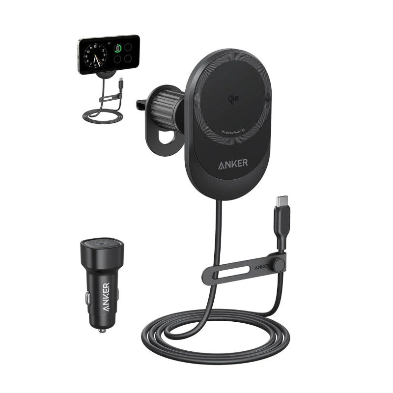 شاحن السيارة اللاسلكي Anker MagGo بقوة 15 وات (وسادة، كابل USB-C مدمج بطول 5 أقدام) مع شاحن سيارة بقوة 25 وات باللون الأسود