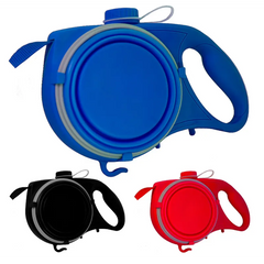 مقود الحيوانات الأليفة 5 في 1 (مقود، وعاء ماء، زجاجة ماء، كيس نفايات وخطاف) - أحمر