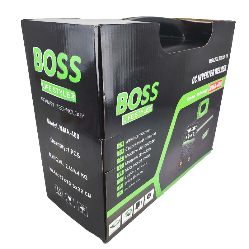 ماكينة لحام عاكس تيار مستمر BOSS MMA-400 مع قوة قوس وتحكم في التيار، تقنية ألمانية، مدخل 220 فولت، شاشة رقمية، خفيفة الوزن مع حقيبة