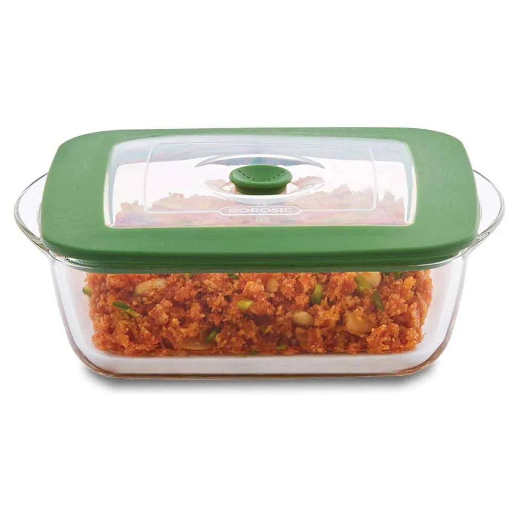 Borosil Square Borosilicate Glass Baking and Storage Dish with Green Airtight Lid, Microwave Oven Freezer Dishwasher Safe Food Container