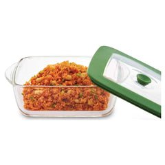 Borosil Square Borosilicate Glass Baking and Storage Dish with Green Airtight Lid, Microwave Oven Freezer Dishwasher Safe Food Container