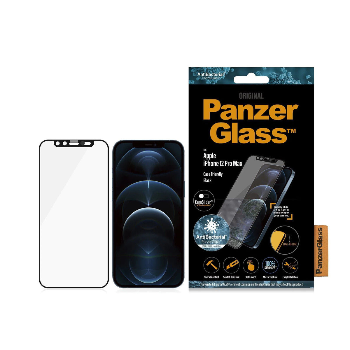PanzerGlass HD Screen Protector Apple iPhone 12 Pro Max with CamSlider, Anti-Bacterial Coating, Full Coverage Tempered Glass, Scratch & Shock Resistant