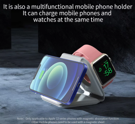 شاحن سفر لاسلكي مغناطيسي محمول قابل للطي 3 في 1 بقوة 15 وات للهواتف الذكية وiWatch وAirpods