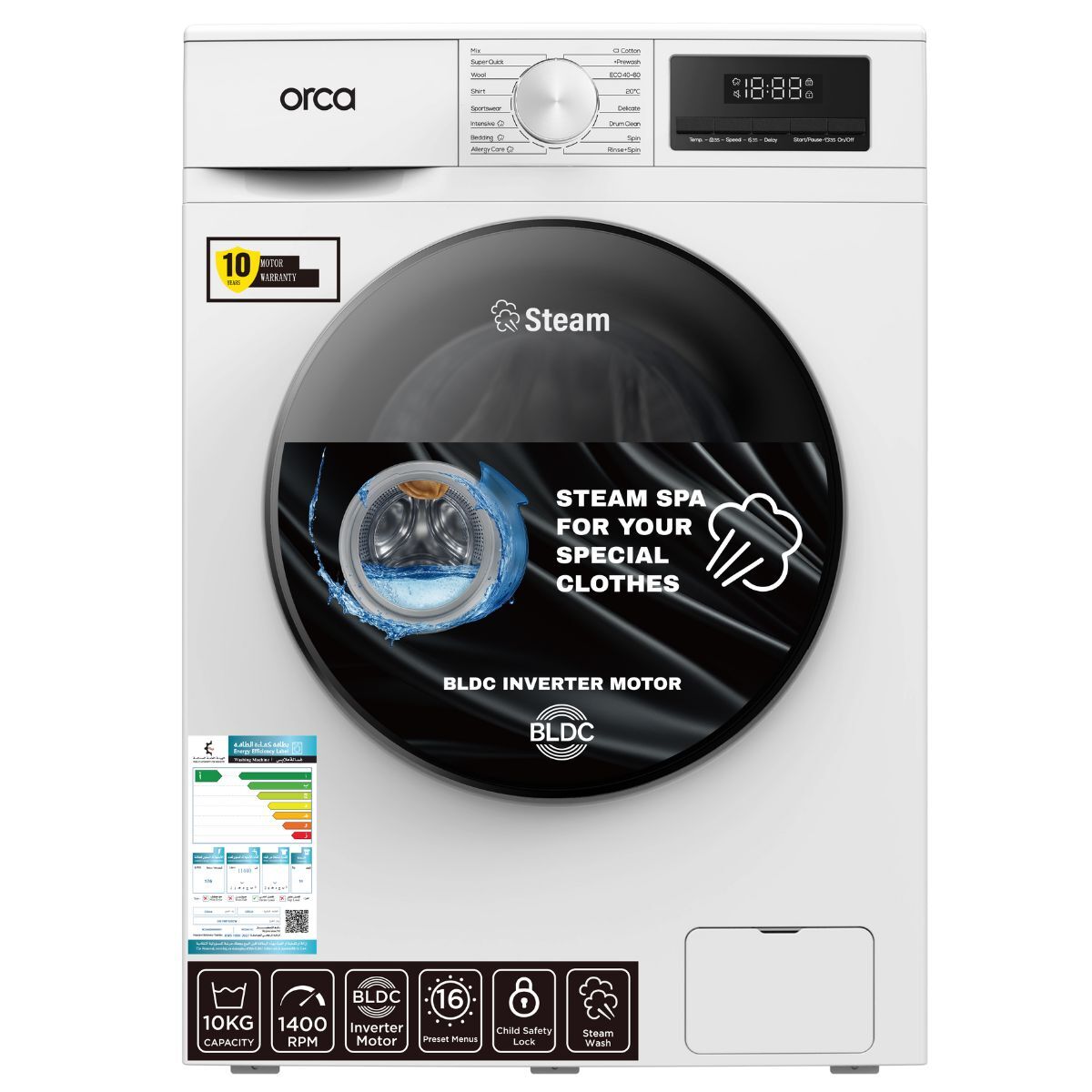 Orca Front Load Washing Machine 10KG 1400RPM BLDC, White - OR-TWF100EW