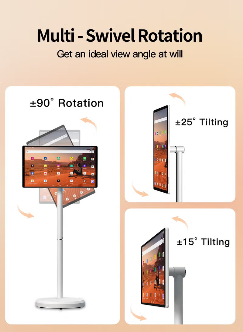 24” Touchscreen FHD Smart TV with Stand, Android 13, 6GB RAM + 64GB Storage, MediaTek MT8788 chipset with integrated GPU, 8MP Camera, 10000mAh Battery, Multi-Swivel Rotation & Remote