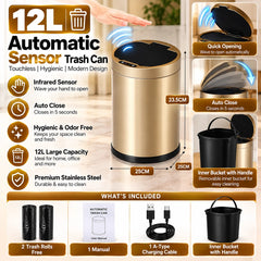 12L Automatic Smart Sensor Trash Can with Infrared Motion Detection, 360° Touch Sensor, 5-Second Auto Close, USB Rechargeable & Removable Inner Bucket