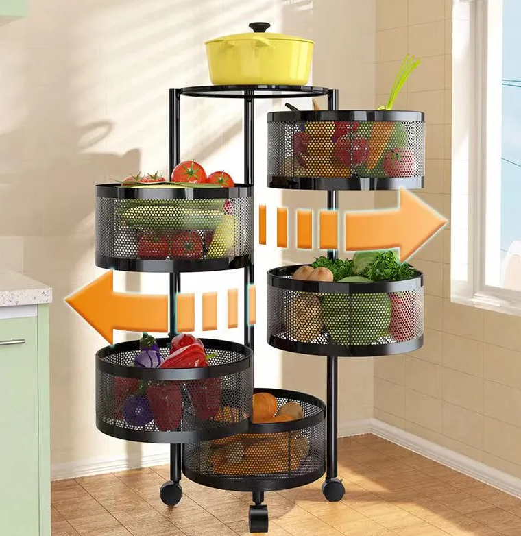 Multi Layer Round Metal Kitchen Storage Rack with Rotating Shelves & Wheels