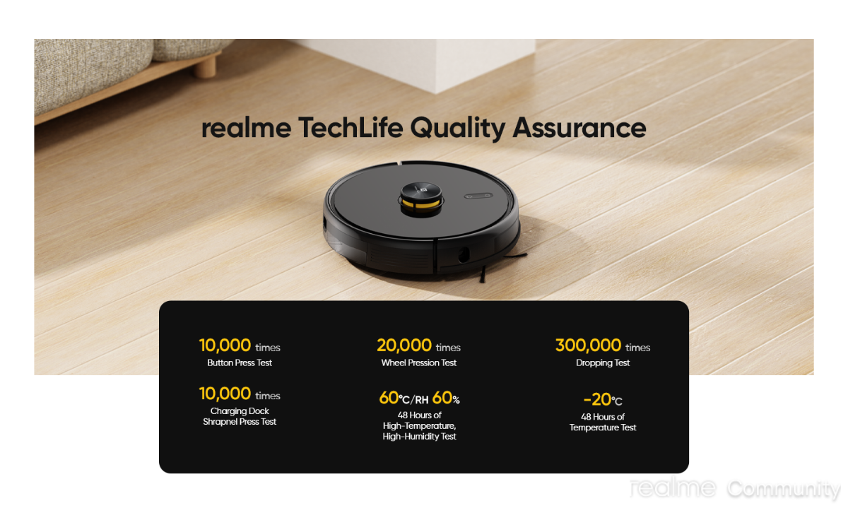 مكنسة كهربائية روبوتية قابلة لإعادة الشحن من Realme Techlife 2 في 1 مع بطارية 5200 مللي أمبير في الساعة، ومكنسة كهربائية وممسحة مع خرائط ذكية بتقنية LiDAR و38 مستشعرًا