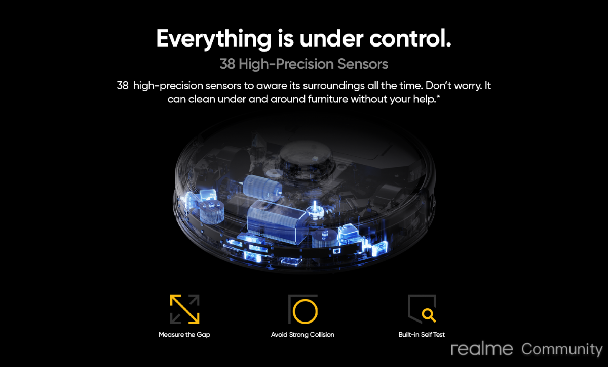 مكنسة كهربائية روبوتية قابلة لإعادة الشحن من Realme Techlife 2 في 1 مع بطارية 5200 مللي أمبير في الساعة، ومكنسة كهربائية وممسحة مع خرائط ذكية بتقنية LiDAR و38 مستشعرًا