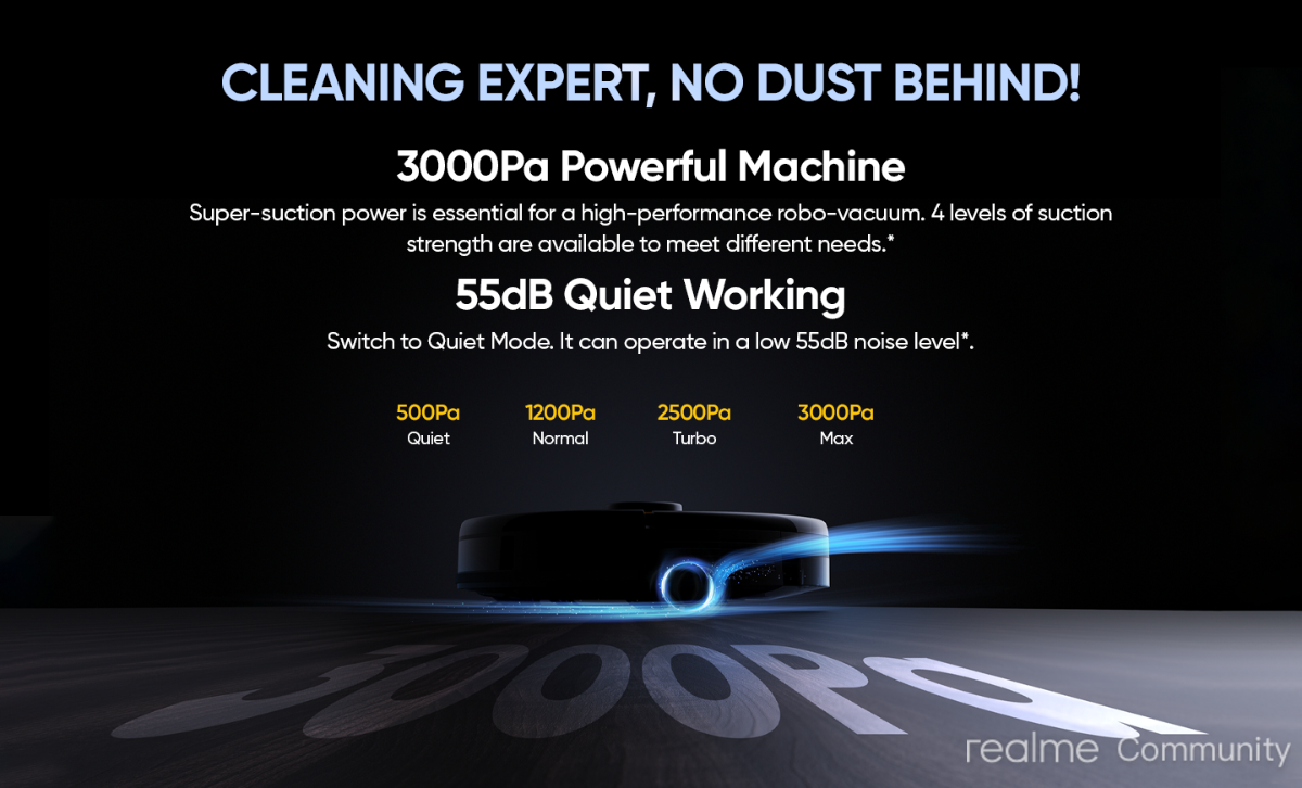 مكنسة كهربائية روبوتية قابلة لإعادة الشحن من Realme Techlife 2 في 1 مع بطارية 5200 مللي أمبير في الساعة، ومكنسة كهربائية وممسحة مع خرائط ذكية بتقنية LiDAR و38 مستشعرًا