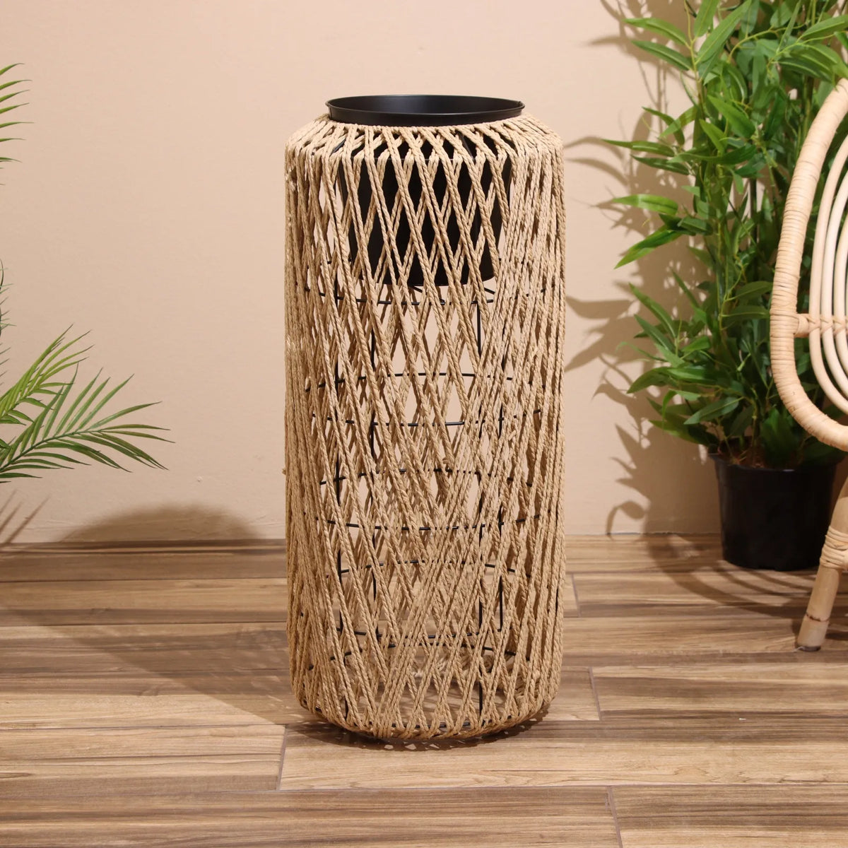 Decorative Woven Rope Floor Planter Pot with Metal Frame for Indoor Home Décor