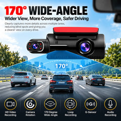 1080P HD Dual Lens Car Dash Camera with 5MP Camera, 3-Inch LCD Screen, 170° Wide-Angle Lens, G-Sensor, Night Vision, Motion Detection, Loop Recording & 32GB Memory Card Support