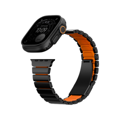 Uniq Strova Flex Self-Adjustable Steel Link Band for Apple Watch 49/46/45/44mm - Midnight Black/ Volt Orange