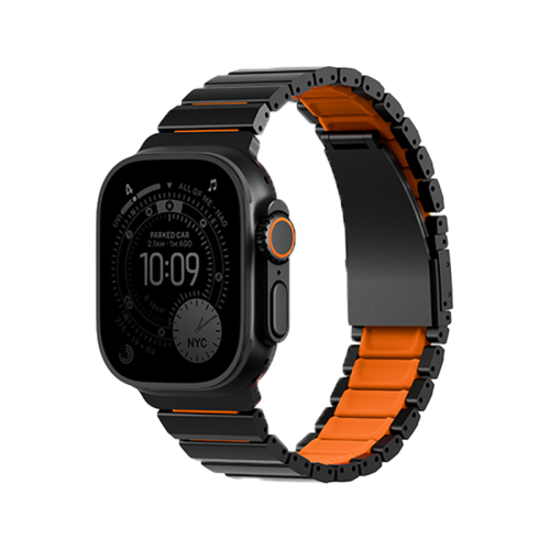 Uniq Strova Flex Self-Adjustable Steel Link Band for Apple Watch 49/46/45/44mm - Midnight Black/ Volt Orange