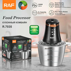 RAF 3L Electric Dual Speed Food Processor with Stainless Steel Bowl, 4 Sharp Spiral Blades - 1000W