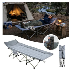 Premium Foldable Camping Cot Bed with 220 Kg Load Capacity, Adjustable Reclining Backrest, Thick Sponge Mattress, Built-in Pillow, Heavy Duty Steel Frame, Oxford Fabric, Portable Sleeping Bed for Camping, Office, Home & Outdoor Use 188 × 67 × 36 CM