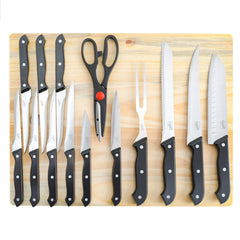 15-Piece Stainless Steel Kitchen Knife Set with 6 Steak Knives, Santoku, Carving, Bread, Utility & Paring Knives, Kitchen Scissors, Carving Fork & Wooden Cutting Board