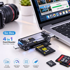 Go-Des GD-DK007 4-in-1 Transparent USB Card Reader for SD, TF & Micro SD Memory Cards