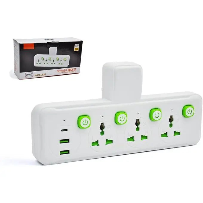 2500W Universal Multi Plug Wall Outlet Extender with 3 Universal AC Sockets, Individual Switches, 2 USB Ports & Type-C Fast Charging, Compact Wall-Mount Power Adapter with Multi Safety Protection