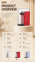 1200W Hot Air Popcorn Maker with 500ml Collection Cup, One-Touch Operation, Oil-Free Fast Popcorn Machine, Compact Vertical Design for Home & Office