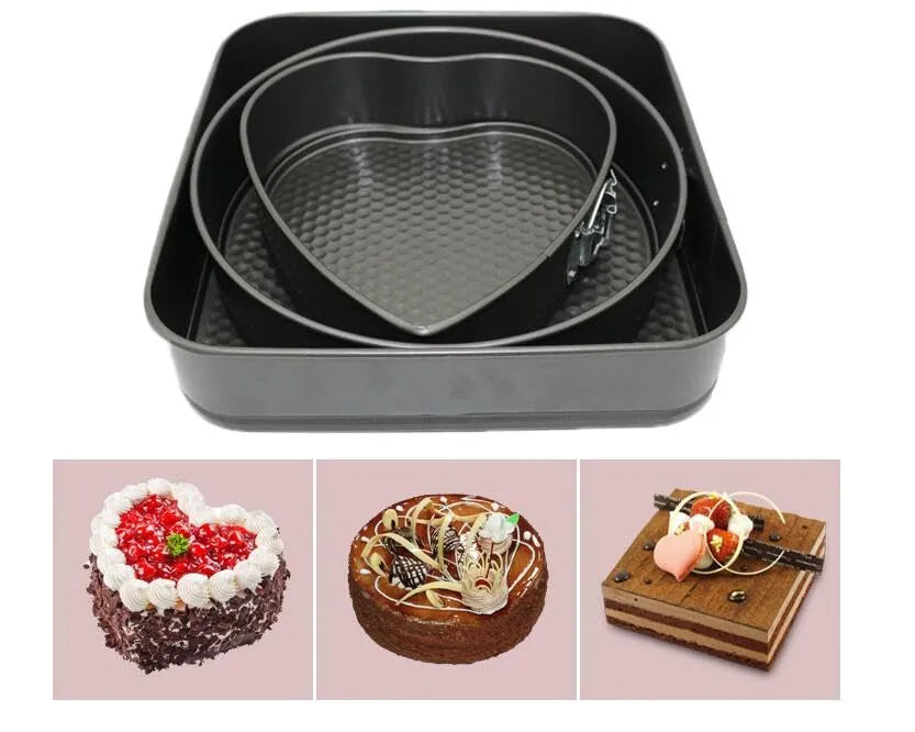 3-Piece Carbon Steel Springform Cake Mould Set with Removable Bases & Quick-Release Buckles – Round, Square & Heart Shape