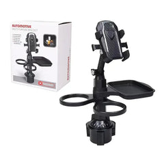 360° Rotating Universal Car Phone Holder with Dual Cup Holder & Adjustable Tray