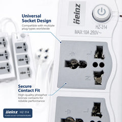 Heinz HZ-314 Premium 4 Universal Socket Power Extension Board 10A 250V with Master Power Switch, 750°C Flame Retardant Protection & UK 3-Pin Plug