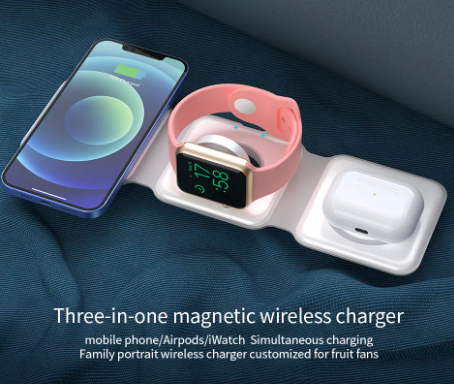 شاحن سفر لاسلكي مغناطيسي محمول قابل للطي 3 في 1 بقوة 15 وات للهواتف الذكية وiWatch وAirpods