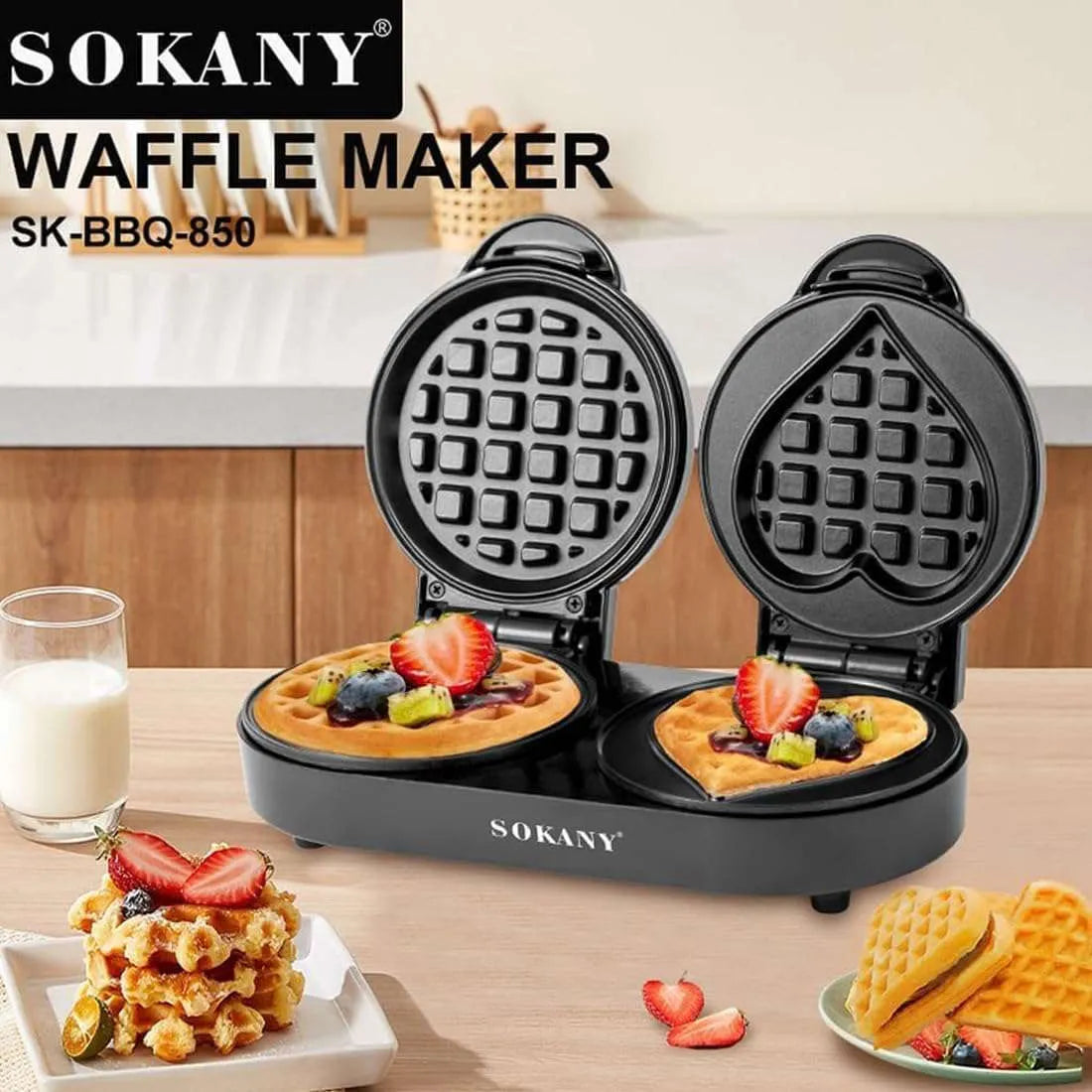 Sokany Double Waffle Maker Non-Stick Electric Waffle Machine with Dual Side Heating & Compact Vertical Storage - 1100W