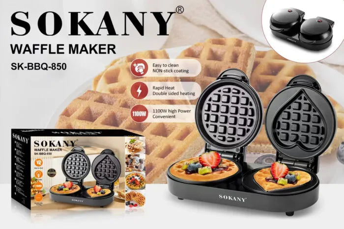 SOKANY 1100W Dual Shape Waffle Maker with Double-Sided Rapid Heating, Non-Stick Food Grade Coating, LED Indicator & Heart and Round Waffle Plates