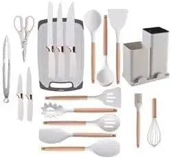 Premium 19-Piece Silicone Kitchenware & Knife Set with Cutting Board & Holding Stand