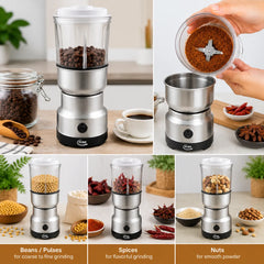 PURE 2-in-1 Electric Grinder 350W with Stainless Steel Grinding Bowl, Transparent Cover, Metal Blade, 85g Capacity, One-Touch Power Switch and 220-240V Compact Kitchen Grinder for Coffee Beans, Nuts, Grains and Spices