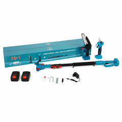 3-in-1 Cordless Electric Pruning Shear & 6 Inch Mini Chainsaw with Telescopic Pole, 400W Motor, Dual 48VF Li-ion Batteries, High Hardness Quenched Chain, Adjustable Chain Tension, Garden Tree Pruning Kit with Charger, Sharpening Stone & Tool Set