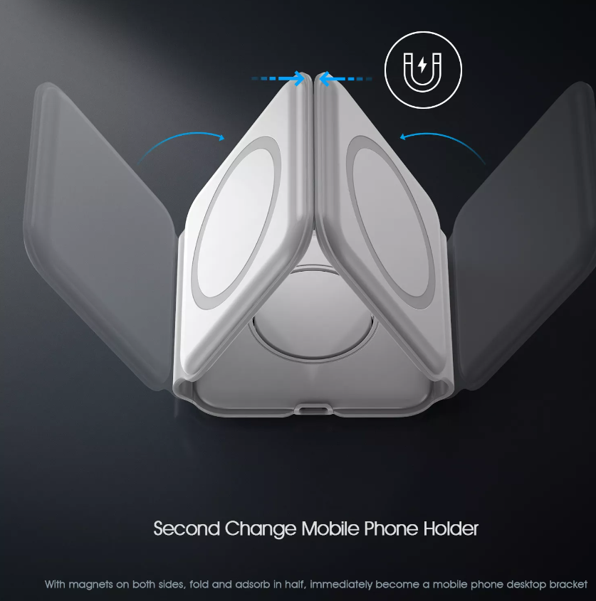 شاحن سفر لاسلكي مغناطيسي محمول قابل للطي 3 في 1 بقوة 15 وات للهواتف الذكية وiWatch وAirpods