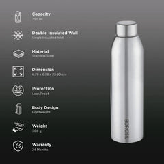 Borosil Easy Sip Stainless Steel Water Bottle 750ml Single Wall Leak Proof, Lightweight Bottle for Office School Gym Travel