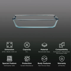 Borosil Rectangular Clear Glass Baking Dish, Microwave Oven Safe Cookware for Baking Serving and Food Preparation
