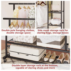 Heavy Duty Double Pole Rolling Clothes Rack & Multi-Layer Storage Organizer with Lockable Wheels, Side Shelves, Bottom Shoe Rack & 88Kg Load Capacity 148x130x40CM