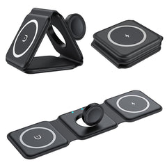 شاحن سفر لاسلكي مغناطيسي محمول قابل للطي 3 في 1 بقوة 15 وات للهواتف الذكية وiWatch وAirpods