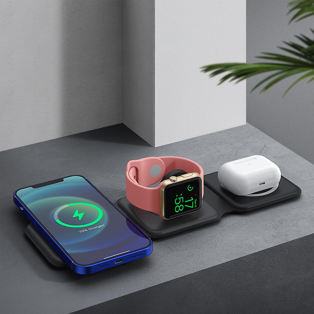 شاحن سفر لاسلكي مغناطيسي محمول قابل للطي 3 في 1 بقوة 15 وات للهواتف الذكية وiWatch وAirpods