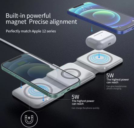 شاحن سفر لاسلكي مغناطيسي محمول قابل للطي 3 في 1 بقوة 15 وات للهواتف الذكية وiWatch وAirpods